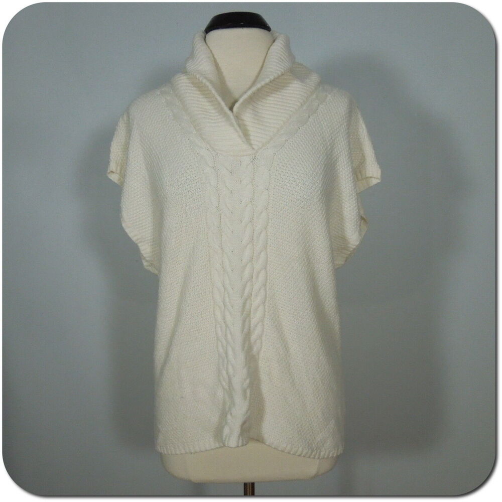 TALBOTS Sweater Vest M MEDIUM Womens Ivory Cable Knit Ribbed Collar